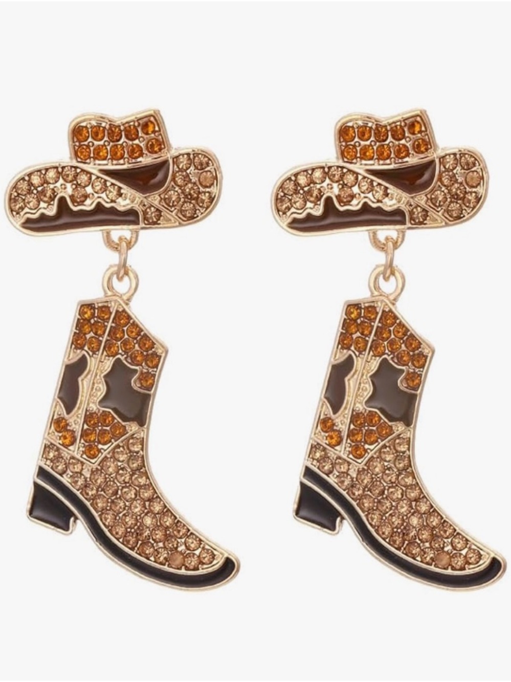 Cowgirl Cowboy Boot Dangle Earrings - Gold Rhinestone